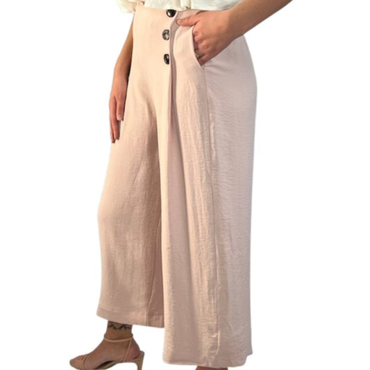 Pink Blush Champagne Wide Leg Pull On Ankle Length Flowing Pants with Pockets and Side Button Detail. 