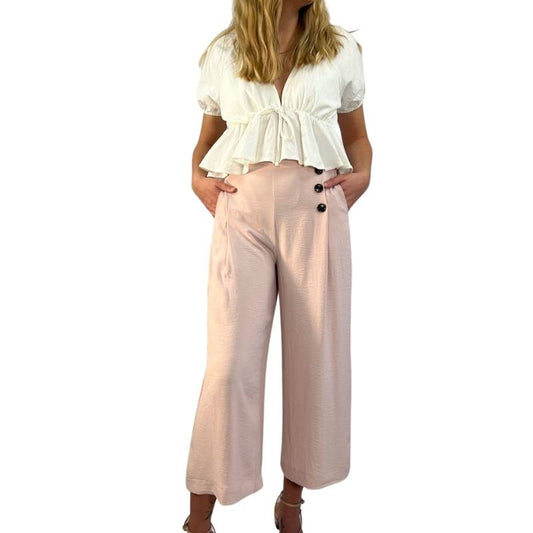 Pink Blush Champagne Wide Leg Pull On Ankle Length Flowing Pants with Pockets and Side Button Detail. 