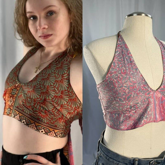 reversible silk halter crop top front and back